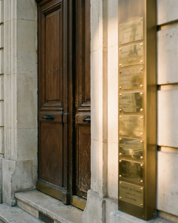 A tall wooden door in a stone building, a column of brass nameplates beside it