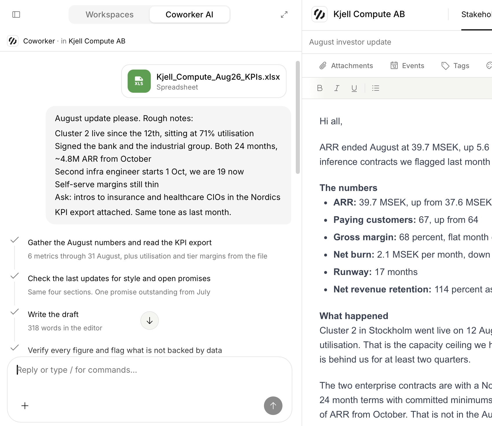 The workspace drafting an investor update: rough notes and a KPI spreadsheet in the chat on the left, the finished August update in the editor on the right